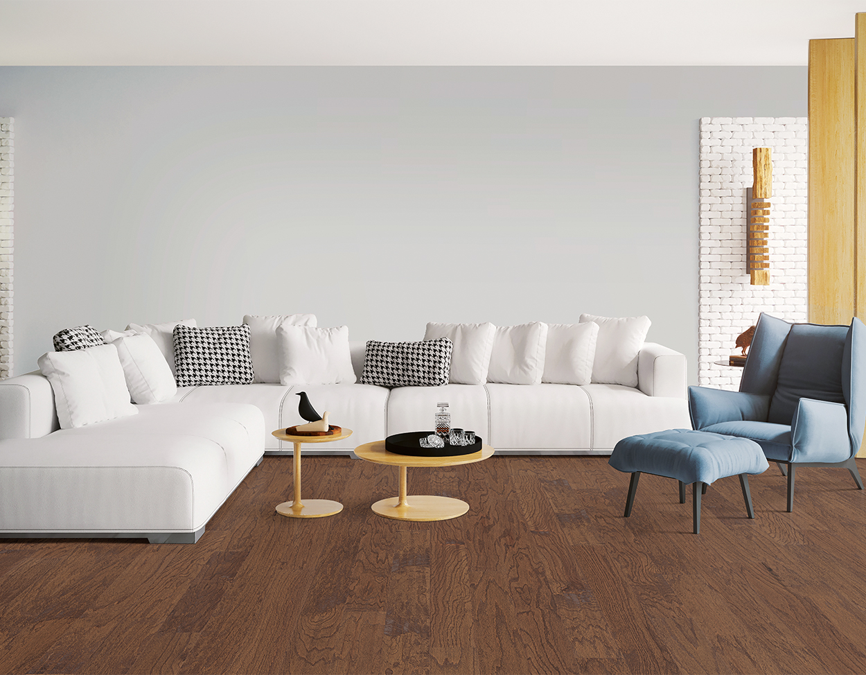 Espresso flooring, shown in a room